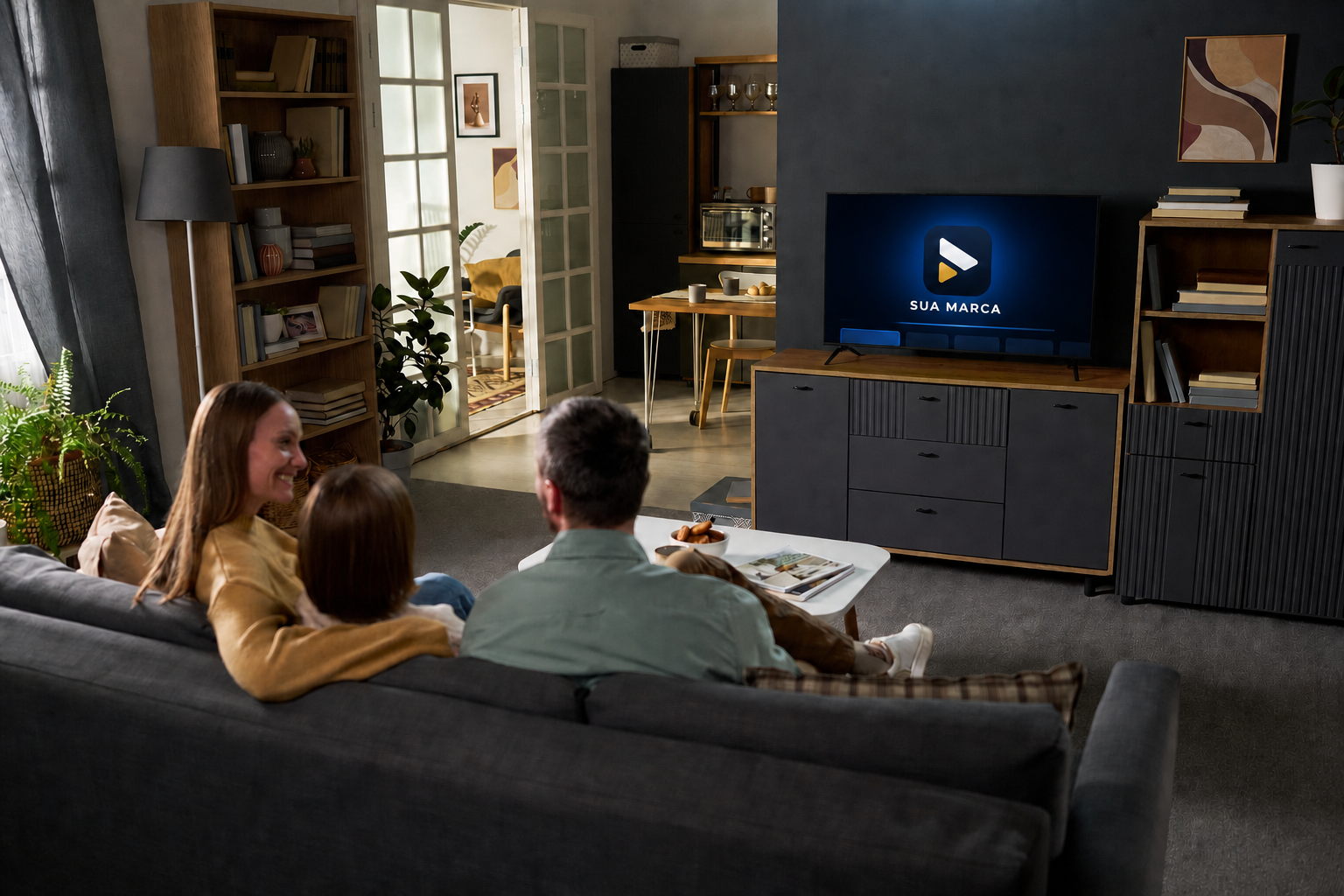 Família assistindo a uma experiência de entretenimento com a sua marca